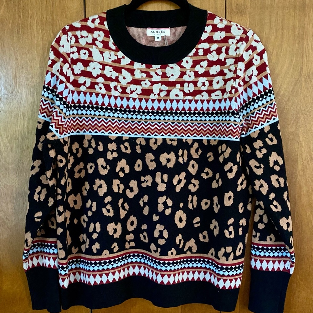 Andrée Womens Sweater Black Animal Print Mixed Media Crew Neck Medium